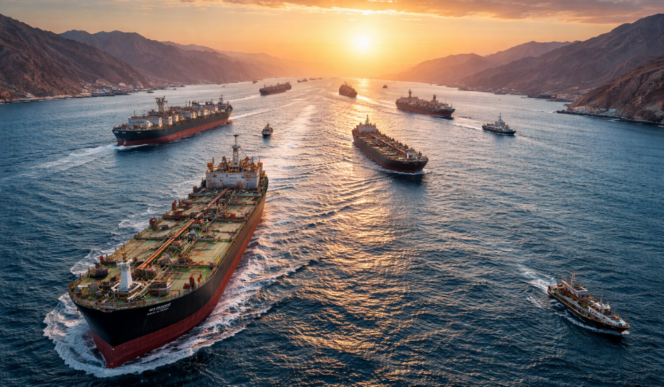 Navires pétroliers traversant le détroit d’Ormuz au coucher du soleil entre l’Iran et Oman