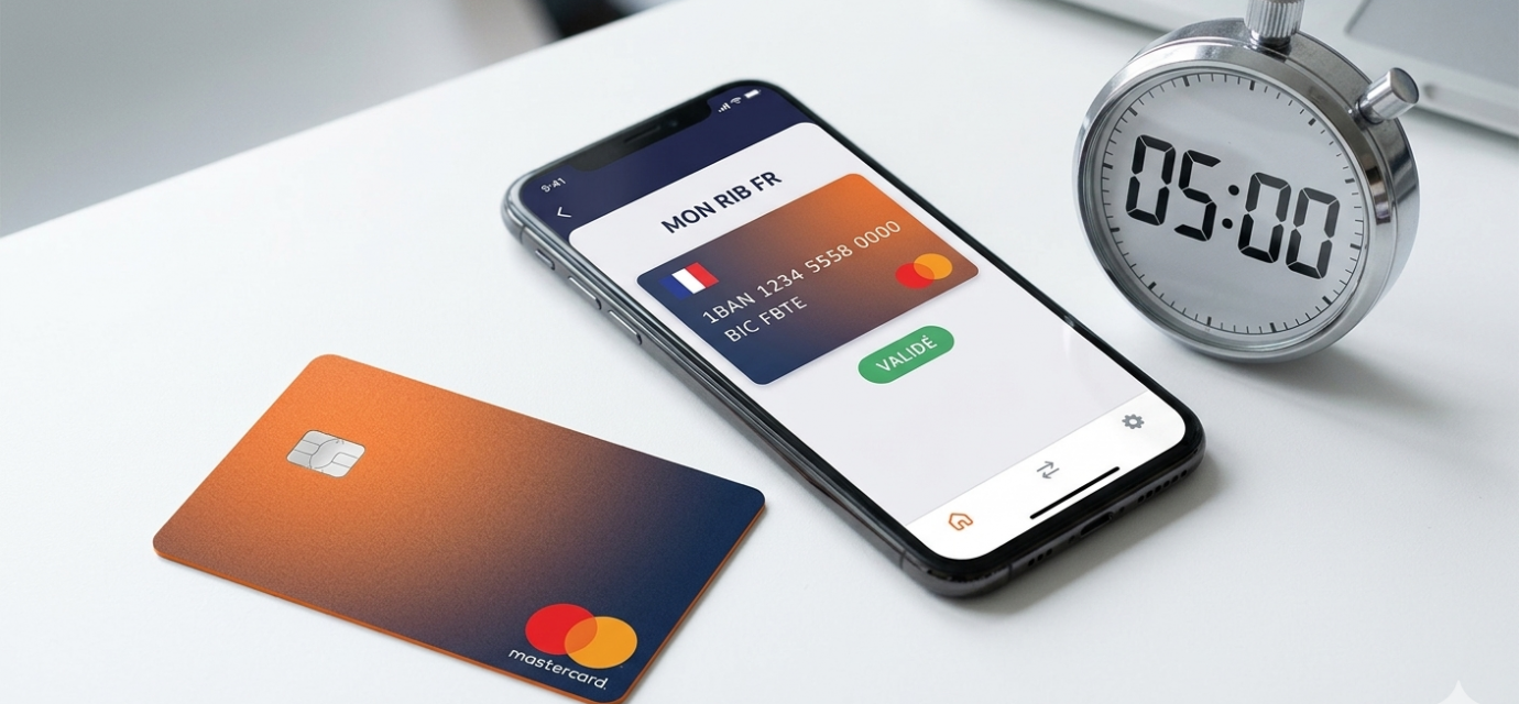 Photographie d'un smartphone affichant un RIB français validé, une carte bancaire orange et un chronomètre argenté indiquant 5 minutes sur un bureau blanc.