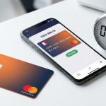 Photographie d'un smartphone affichant un RIB français validé, une carte bancaire orange et un chronomètre argenté indiquant 5 minutes sur un bureau blanc.