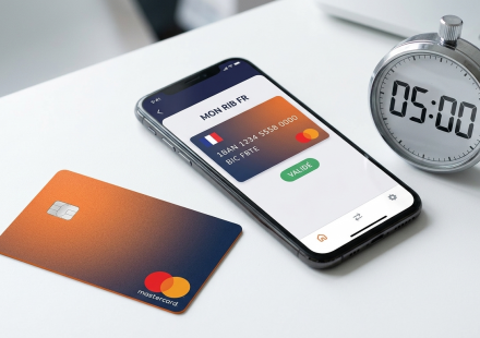 Photographie d'un smartphone affichant un RIB français validé, une carte bancaire orange et un chronomètre argenté indiquant 5 minutes sur un bureau blanc.