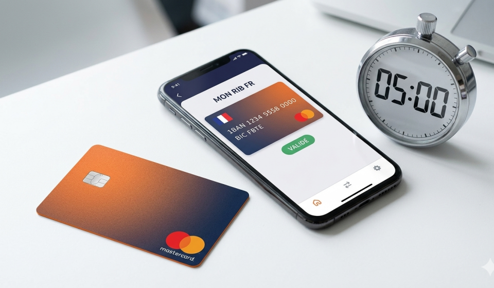 Photographie d'un smartphone affichant un RIB français validé, une carte bancaire orange et un chronomètre argenté indiquant 5 minutes sur un bureau blanc.